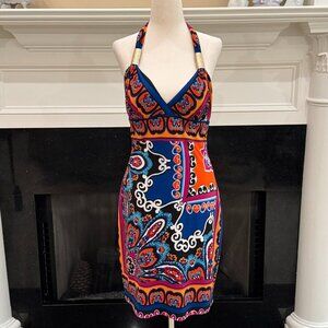 🌺 Cache Multicolor Paisley Halter Dress with Gold Hardware – Size 8